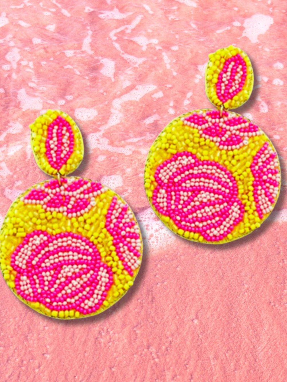 Beautiful Pink Peony Yellow Round Seed Beaded Statement Earrings NEW